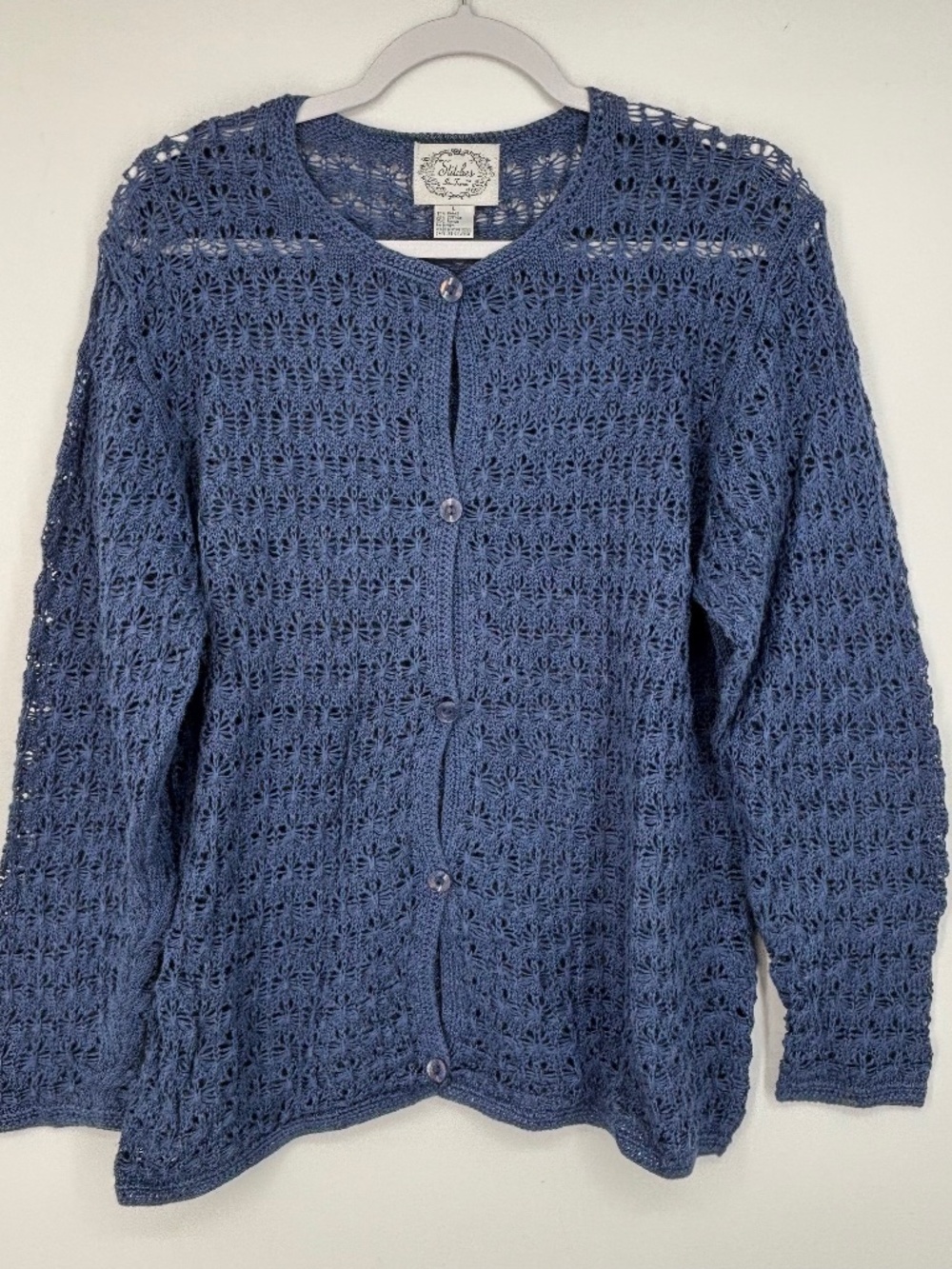 Stitches in Time Womens Large Button Front Cardigan Sweater Denim Blue Open Knit